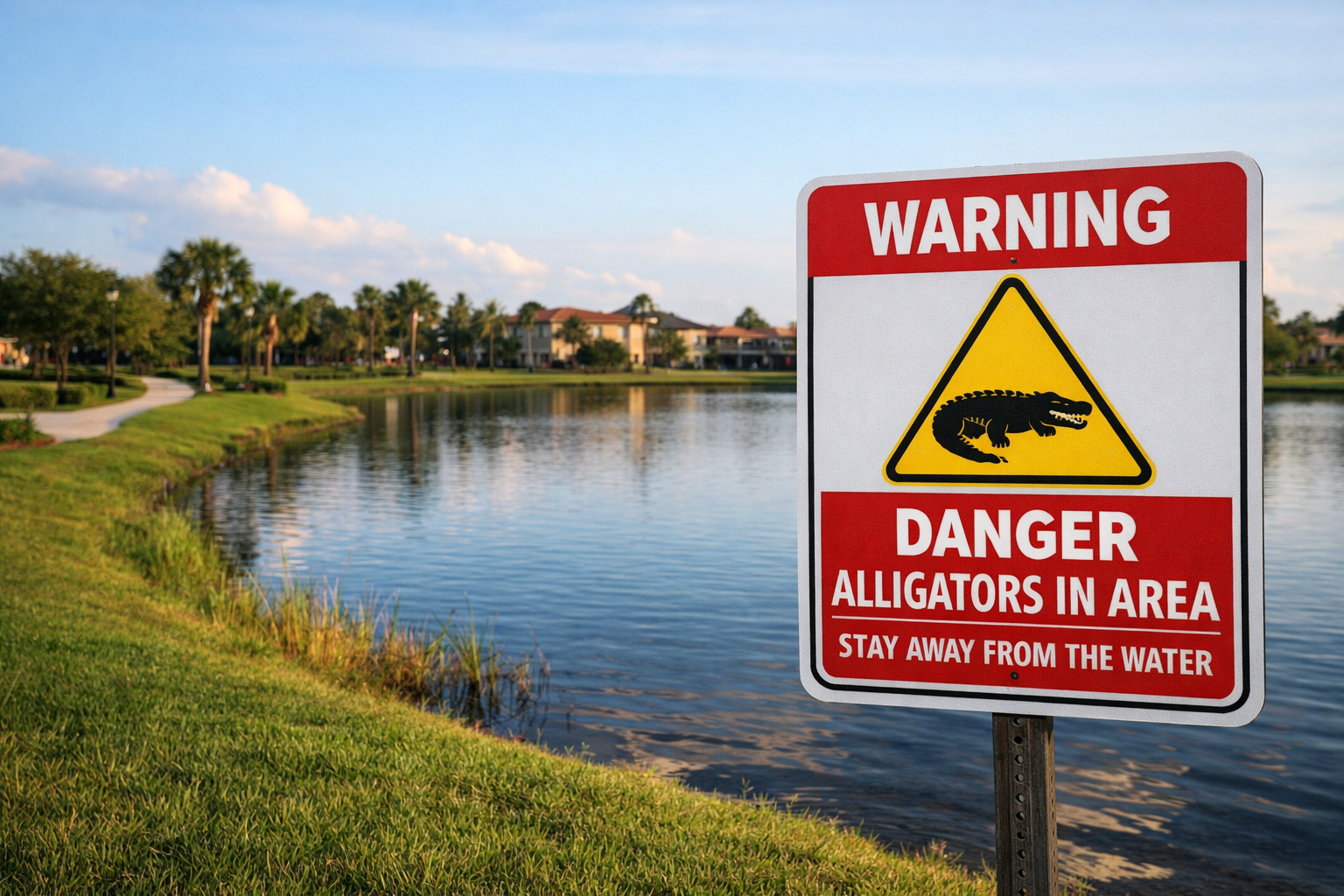 Florida alligator warning sign near retention pond
