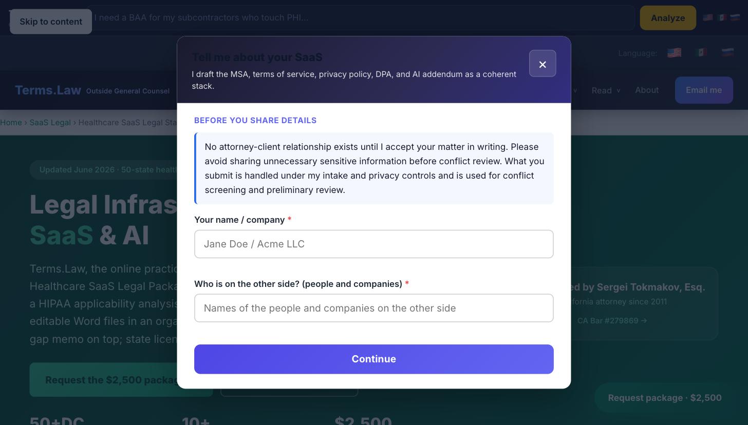 Intake step one: conflict screening, stating that no attorney-client relationship exists and asking who is on the other side.