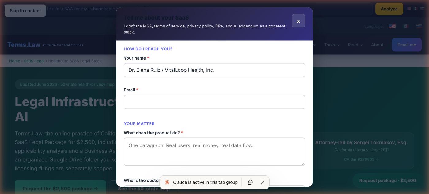 Intake step two: name, email, and company fields.