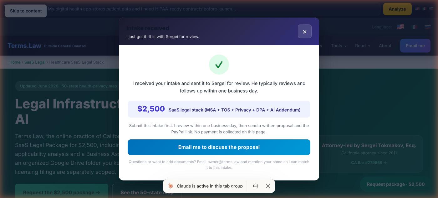Intake confirmation showing the $2,500 package and a statement that no payment is collected on this page.