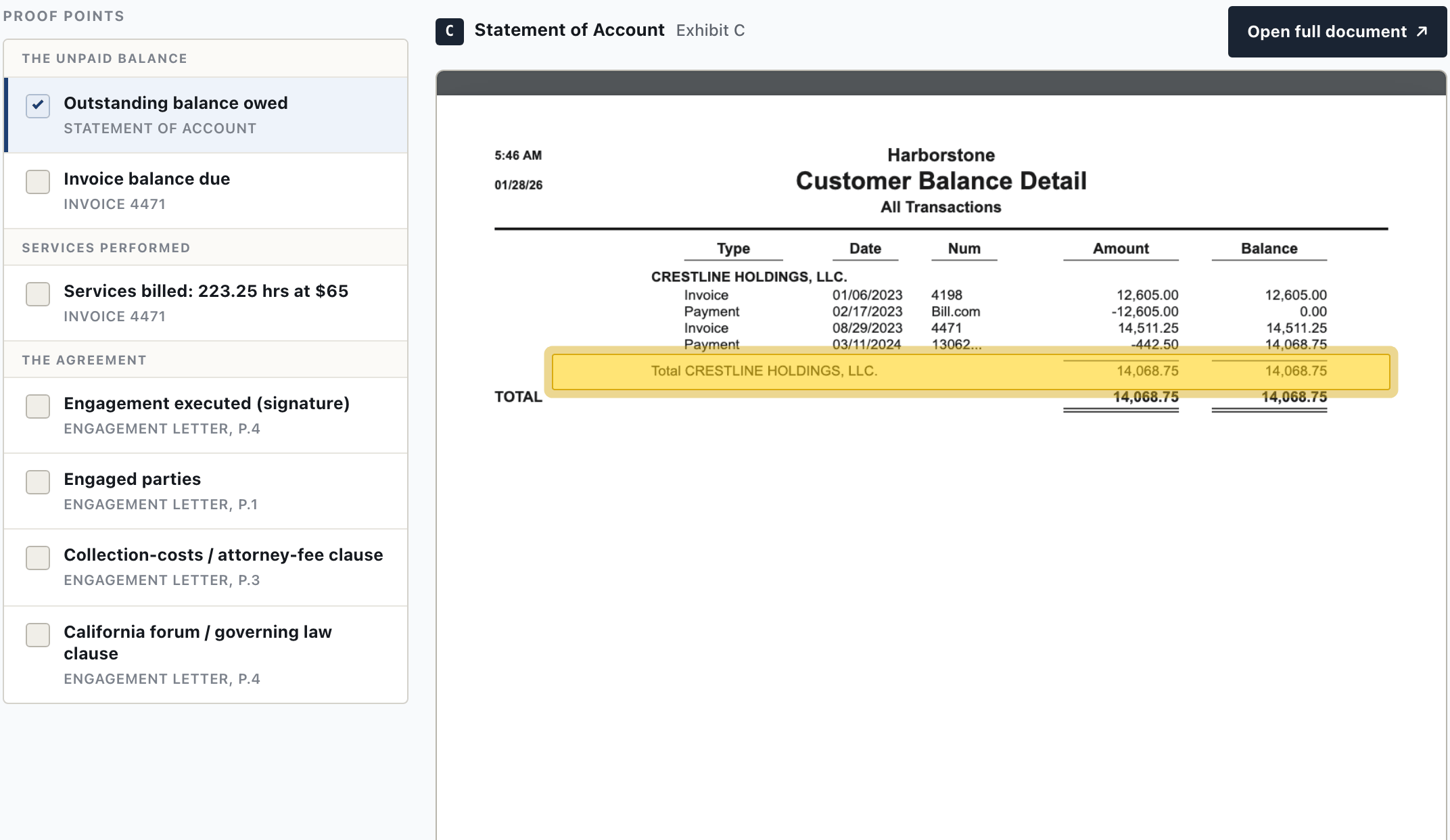 Evidence viewer with a proof-point list and the original statement of account highlighted at the exact line